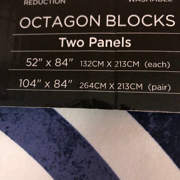 Room Darkening Window Curtain Navy 52X84 Set Half Moon Octagon Blocks #2567 - Picture 8 of 8